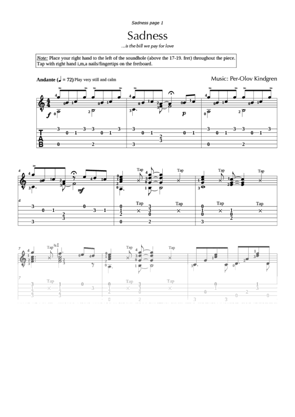 Sadness (sheet music +TAB) – PER-OLOV KINDGREN MUSIC ONLINE